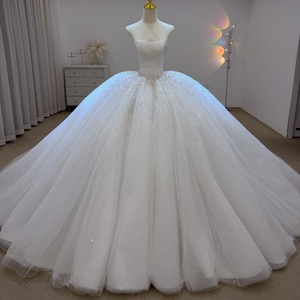 Lsjj156 Sparkly Ivory Satin Bateau Neck Ball Gown <b>Wedding</b> Dress Pearl Choker Beaded Waist Cathedral Train Jancember - Product Image 1