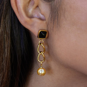 ต่างหูแบบห้อย ทองประดับมุก พู่ห้อย รูปทรงเรขาคณิต สี่เหลี่ยมจัตุรัส ตัวเรือนสแตนเลส สวมใส่ได้ทุกวัน - Product Image 2