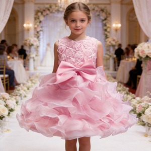 Vestido de Princesa <span class=keywords><strong>para</strong></span> Niña con Corsé de Rosas 3D, Gran Lazo y Volantes en Capas, Vestido de Dama de Honor <span class=keywords><strong>para</strong></span> Boda o <span class=keywords><strong>Primera</strong></span> Comunión - Product Image 6
