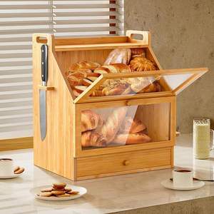 Kotak Penyimpanan Dapur Rumah dengan Laci Tiga Lapis, Kotak Penyimpanan Camilan Kayu 3 Lapis, Kotak Roti Bambu - Product Image 3