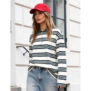 FOXA Womens Striped Polo Shirt Long Sleeve <b>Preppy</b> Knitted <b>Top</b> Regular Fit V Neck Lapel Collar Button Front Sweatshirt Tee - Product Image 2