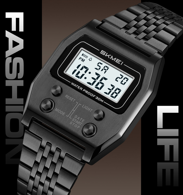 SKMEI 2460 Men's Digital Sports Watch Stainless Steel Band LED Back Light Water Resistant 3BAR Vintage Luxury Gold Rectangle