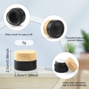 <b>Matte</b> <b>Black</b> Industrial Chemical Use Face Cream Containers 5g-100g Round Cosmetic Glass Jars with Plastic Wood Grain Lid - Product Image 2