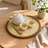 Plateau rond en rotin tissé à la main, plateau de service à tressage ouvert géométrique, décoration de rangement en bambou naturel, vente en gros OEM, plateau de service tissé
