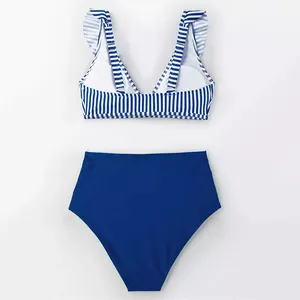 Duas peças de maiô listrado azul e branco, personalizado, atacado, cintura alta, babado, decote em v, roupa de banho para mulheres
