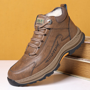Bottes d'hiver pour hommes en cuir véritable, hauteur cheville, doublure chaude en fourrure, semelle extérieure en caoutchouc imperméable, bout rond, semelle intermédiaire en EVA - Product Image 1