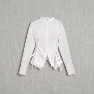 Women's <b>White</b> <b>Chiffon</b> O-Neck Casual Blouse Ruched Side Ties Full Sleeve Breathable Minimalist Style Sheer Layer Regular Length - Product Image 1