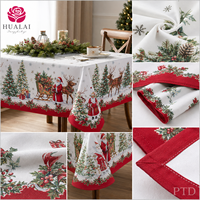Taplak Meja Natal HuaLai 8ft X 10ft 410g Berbahan Linen dengan Cetakan Santa, Rusa, dan Kereta Salju untuk Pesta Liburan dan Acara di Rumah
