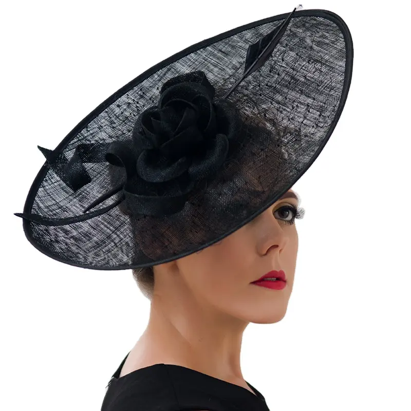 Fascinators Sinamay chiesa Cappello nero Elegante per Le Donne Del Partito di Tè Kentucky Derby Della Fascia Del Cappello