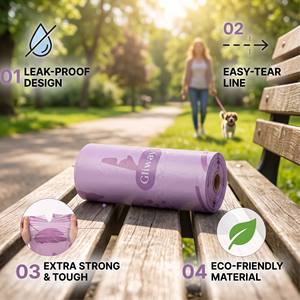 Sacs à déjections canines Gliway, imprimé animal violet, anti-fuite, avec ligne de déchirement facile, sacs en plastique pour déchets de chiens - Product Image 5