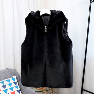 Gilet court en fausse fourrure noire pour homme, à capuche, avec fermeture éclair, chaud pour l'hiver, sans manches, style vison, décontracté, vente en gros - Product Image 5