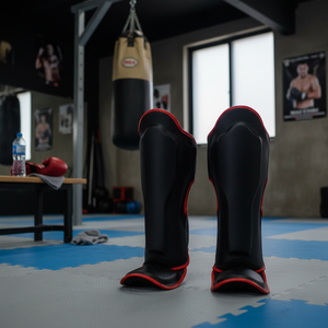 MMA Muay Thai Kickboxing Protège-tibias Logo personnalisé Coussinets de protection élastiques en PU Boxeo Training Warmers Made Leather Nylon - Product Image 3