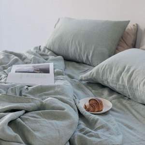 Vua Kích Thước Duvet Cover Preshrunk Rửa Bỉ Vịt Trứng Màu Xanh Tinh Khiết Linen Bedding Sheet Set Đối Với Khách Sạn - Product Image 2