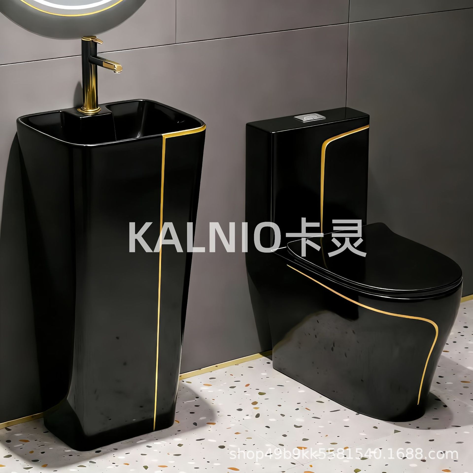 WC in filo d'oro nero + lavabo a colonna distanza WC-pozzo 300