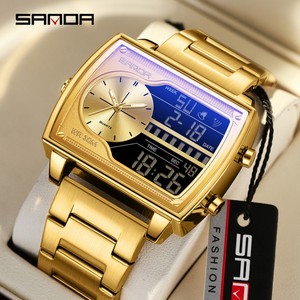 SANDA 6163 นาฬิกาผู้ชายนาฬิกาข้อมือดิจิตอลแบบอะนาล็อกสองเวลา, 3 โซนเวลา, นาฬิกาปลุก, ส่องสว่าง, นาฬิกากีฬาธุรกิจกันน้ำ 30M - Product Image 2