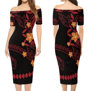 Robes d'<span class=keywords><strong>Été</strong></span> à Motif Tapa Tribal Polynésien pour Femmes Grandes Tailles, <span class=keywords><strong>Robe</strong></span> Longue Femme Manches Courtes Épaules Dénudées, Robes Hawaïennes 5XL 6XL - Product Image 3