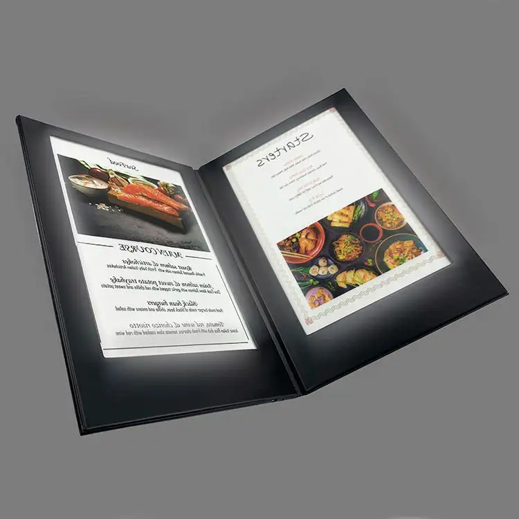 नया रेस्तरां बिजनेस प्रिंटिंग लाइटिंग मेनू कवर एलईडी कार्ड ए4 रेस्तरां मेनू कवर लेदर मेनू फोल्डर