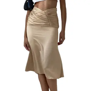 New Arrival Custom Silk Satin Ruched Waist Women Vintage Tight Skirt Casual Midi Skirts