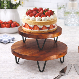Premium Eco-Friendly <b>Large</b> Round Wooden Cake Stand with Black Metal Hairpin Legs Dishwasher & Freezer <b>Safe</b> Display Set of 2 - Product Image 4