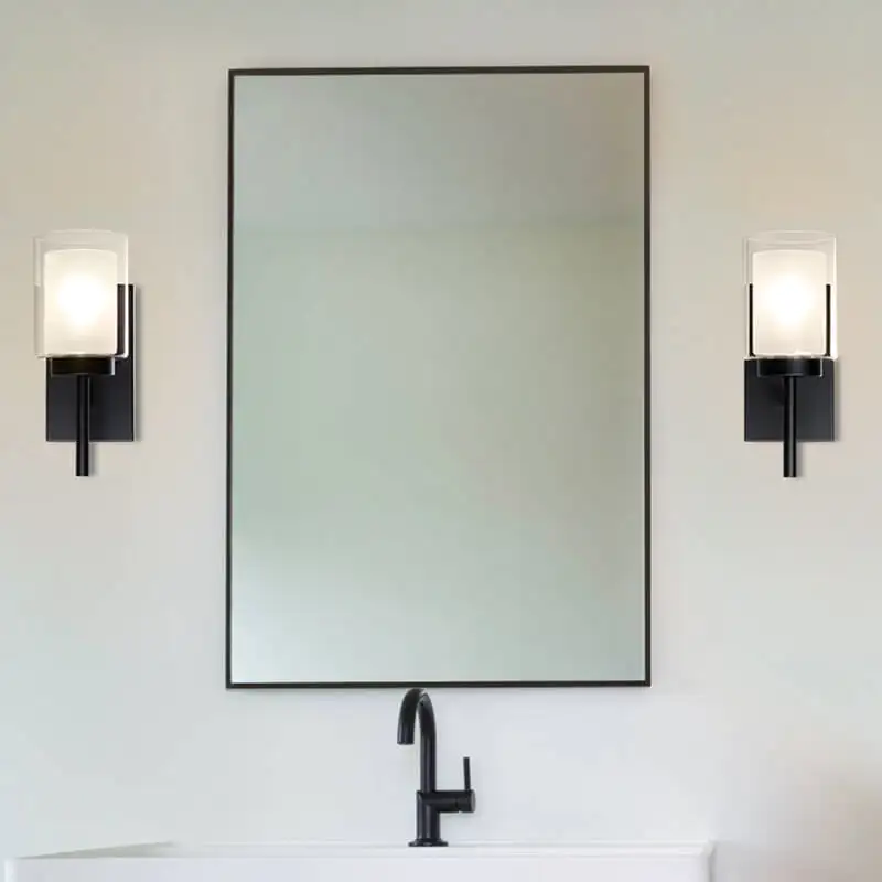 Luz individual de diseño clásico para interiores, candelabro de tocador negro mate con doble sombra de cristal para Baño