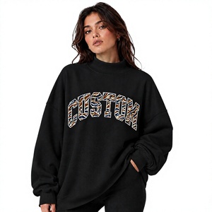 Sweat-shirt à col montant noir uni, design premium personnalisé, grande taille, décontracté, pour femme - Product Image 1