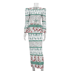 ملابس صيفية عصرية بأزرار أعلى محصول زهري وتنورة طويلة طقم نسائي من قطعتين - Product Image 4
