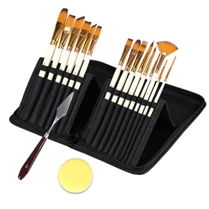 Bomeijia 15pcs Nylon Hair Wood Handle Artist Paint Brush Set With Canvas Bag For Acrylic Watercolor Oil Painting Art Supplies