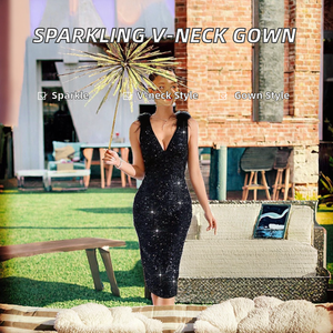 Vestido de Noche de Lentejuelas con Cintura Imperio para Mujer, Talla Grande, Cuello en V, Hasta la Rodilla, Vestido de Fiesta, Estilo Vintage, Brillante, Servicio OEM - Product Image 5