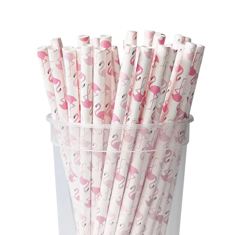 Latest Fashion Biodegradable Colorful Flamingo Pink Paper Straw With Print