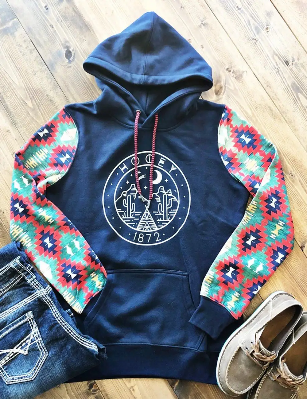 Lässige Druck farbe passend gestreifte Langarm-Sweatshirts Kapuzen pullover Fleece Tribal Sweatshirt Hoodies Tops