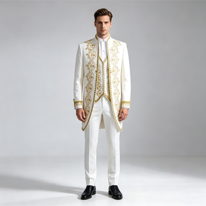 Abito da uomo vintage europeo color oro, completo da smoking a 3 pezzi, blazer da sposo, costume per Halloween, nero/bianco, per performance teatrali/<span class=keywords><strong>opera</strong></span>, TV/cinema - Product Image 1