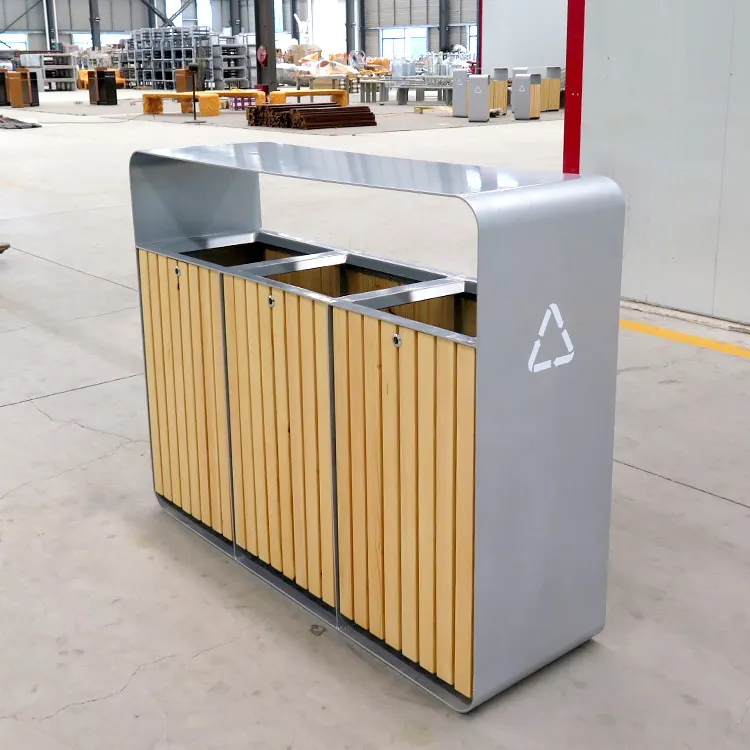 3/4 Compartment open top stainless steel wood recycling outdoor and indoor trash can 3 Compartment Recycling Bins recycling bin