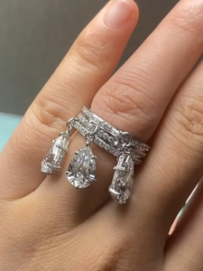 Bague de fiançailles de luxe en or blanc 14 carats avec diamant de laboratoire triple poire 1 carat, sertie pavé, bijou de mariée imposant - Product Image 6