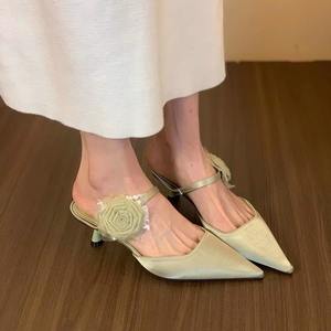 Sandales rétro à talons hauts et bout ouvert pour femmes, nouvelle collection printemps-été 2025, style demi-chaussons à fleurs - Product Image 1