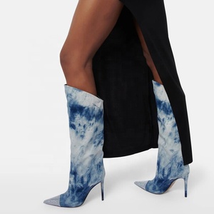 Women Tie-dye Denim Knee High Boots Soft Suede Thin Heels <b>Long</b> Booties High-Heeled Ladies Diamonds Stiletto Pumps Shoes - Product Image 1