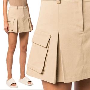Casual <b>Skirts</b> Women Brown Twill Cotton Zip Fly Pleated Cargo Mini <b>Skirt</b> With Side Pockets - Product Image 6