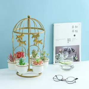 Troyano de rotación creativa, juego de estante de hierro para maceta de cerámica polismal, soporte decorativo para flores de escritorio