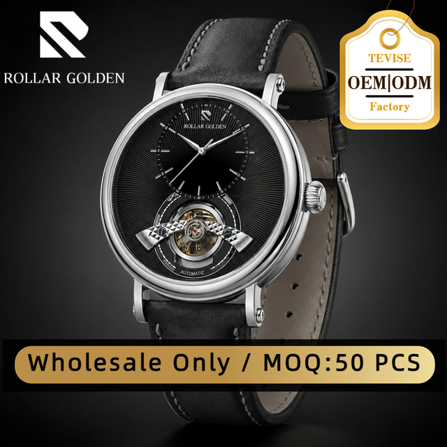 [MOQ 50] Rolar Golden Luxury Men's Automatic Mechanical Watch with Tourbillon Skeleton Leather Strap Wristwatch