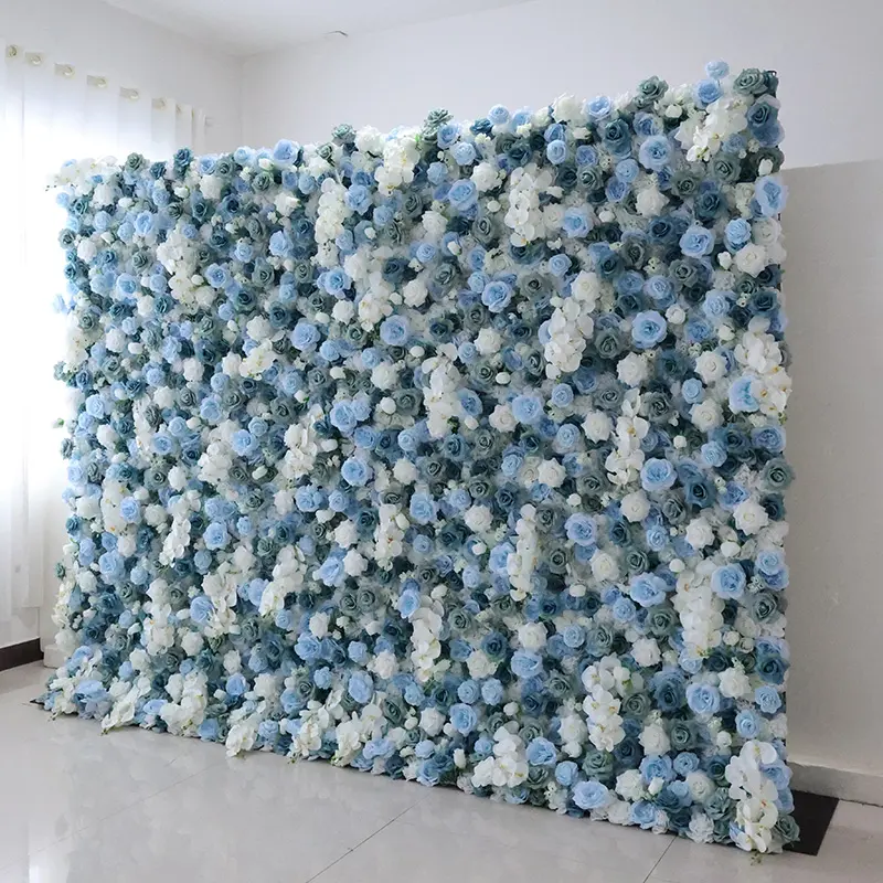 Custom Wedding Supplies Decoration Flower Wall Backdrop White Blue Fabric Flower Wall Decor