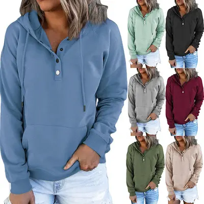 Womens V Neck Long Sleeve Henley Shirts Button Down Sweatshirts Hoodies Tunic Tops with Drawstring