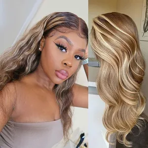 Gold Supplier Body Wave Highlight 613 Brown Honey Blonde Human Hair Wigs Brazilian Preplucked Colored HD Lace for Women Girls