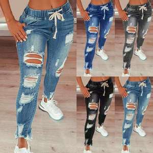 Nouveau jean rétro pour femme, taille haute, couleur unie, sans motif, coupe ajustée et effet usé - Product Image 1