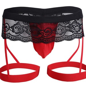 Sous-vêtements en dentelle pour hommes, string noir et rouge, taille moyenne, tissu en polyester, style sexy M1533 - Product Image 1