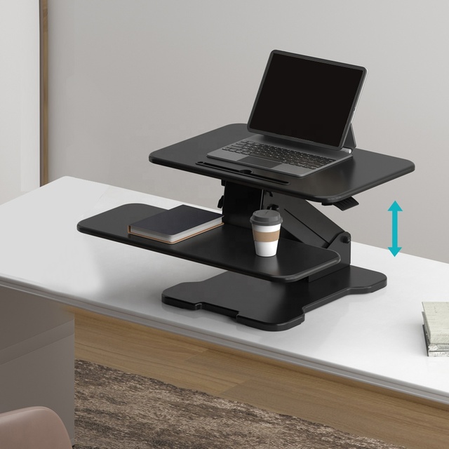 Ergonomic Modern Metal Commercial Office Standing Work Desk Converter Adjustable Height Foldable with Large Keyboard Tray