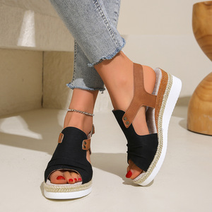 Women Color Block Wedge <b>Sandals</b> Summer New Style Ruched Sole European and American Style Peep Toe <b>Sandals</b> - Product Image 2