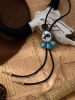 Collier Bolo Western Bohème Géométrique Rétro Sculpté Cowboy Cowgirl Turquoise avec Pendentif en Cordon de Cuir Tressé, Bijoux de Mode