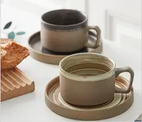 日本のラフ陶器セラミックコーヒーカップカプチーノエスプレッソラテマットマグティーグレーカップラウンドソーサーセットハンドル付き