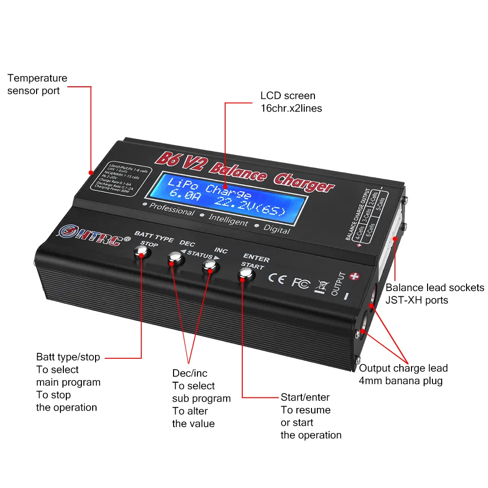 LiPo Battery Charger RC Car Balance Charger 1S-6S Digital Discharger Battery Pack Charger 80W 6A for Li-ion Life NiCd NiMH LiHV