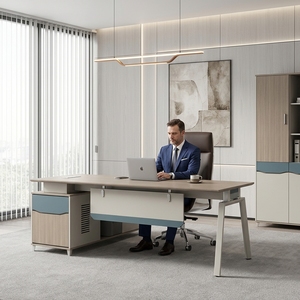 Scrivania Direzionale Moderna Minimalista Personalizzata di Fabbrica, Lussuosa Scrivania in Legno con Mobile Laterale - Product Image 1