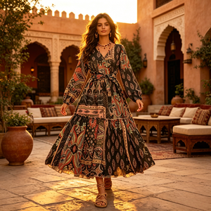 Casual <strong>Boho</strong> Paisley Print Maxi <strong>Dress</strong> V Neck Long Puff Sleeve Tiered Ruffle Long Women <strong>Dress</strong> - Product Image 1